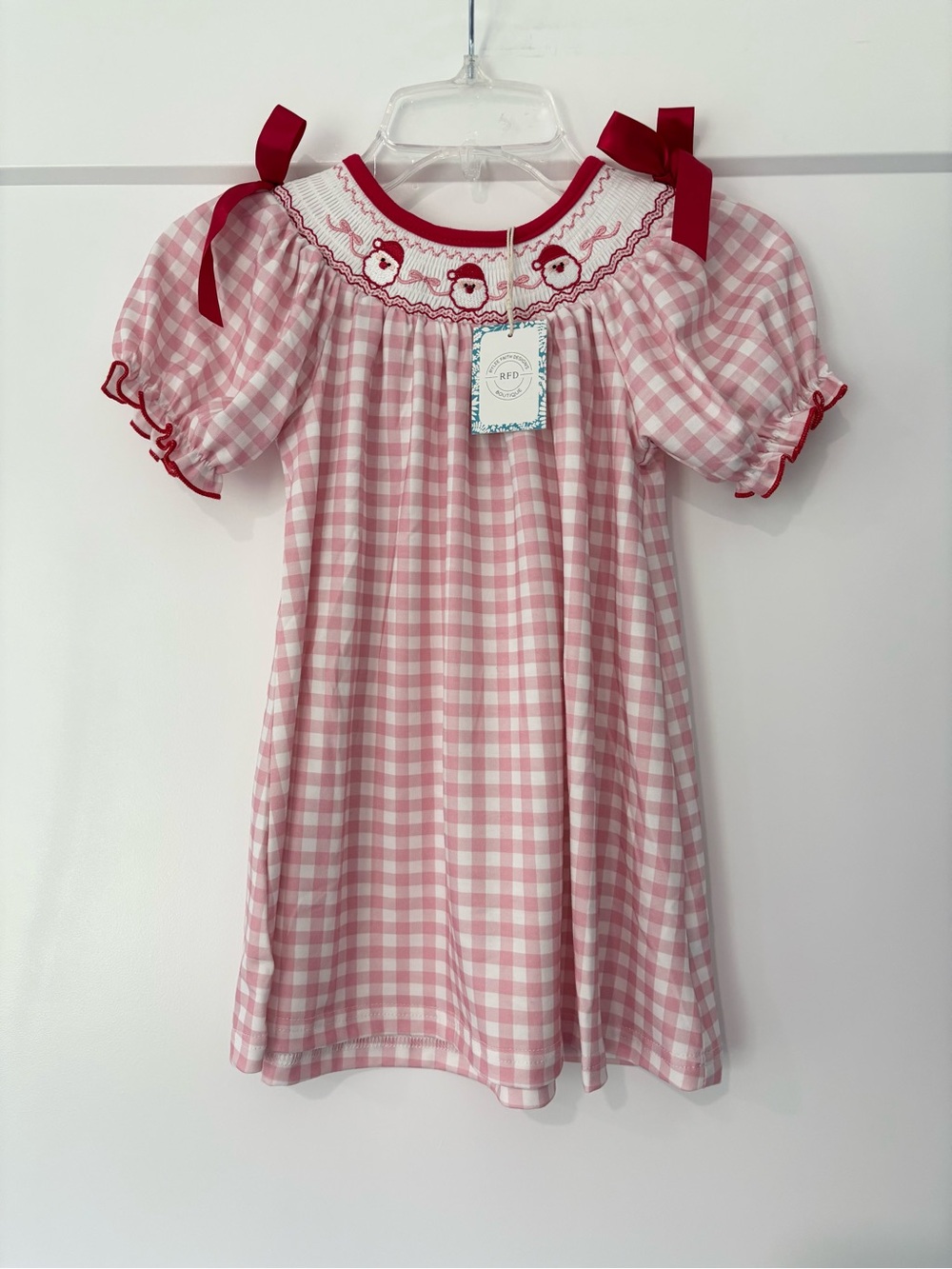 Rylee Faith Designs Santa Claus Smocked Gingham Puff Sleeve Dress Size 3 NWT